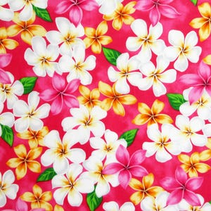 Floral Fabric, Pacific Plumeria Bouquet on Pink, Tropical Hawaiian, By the Half or Full Yard