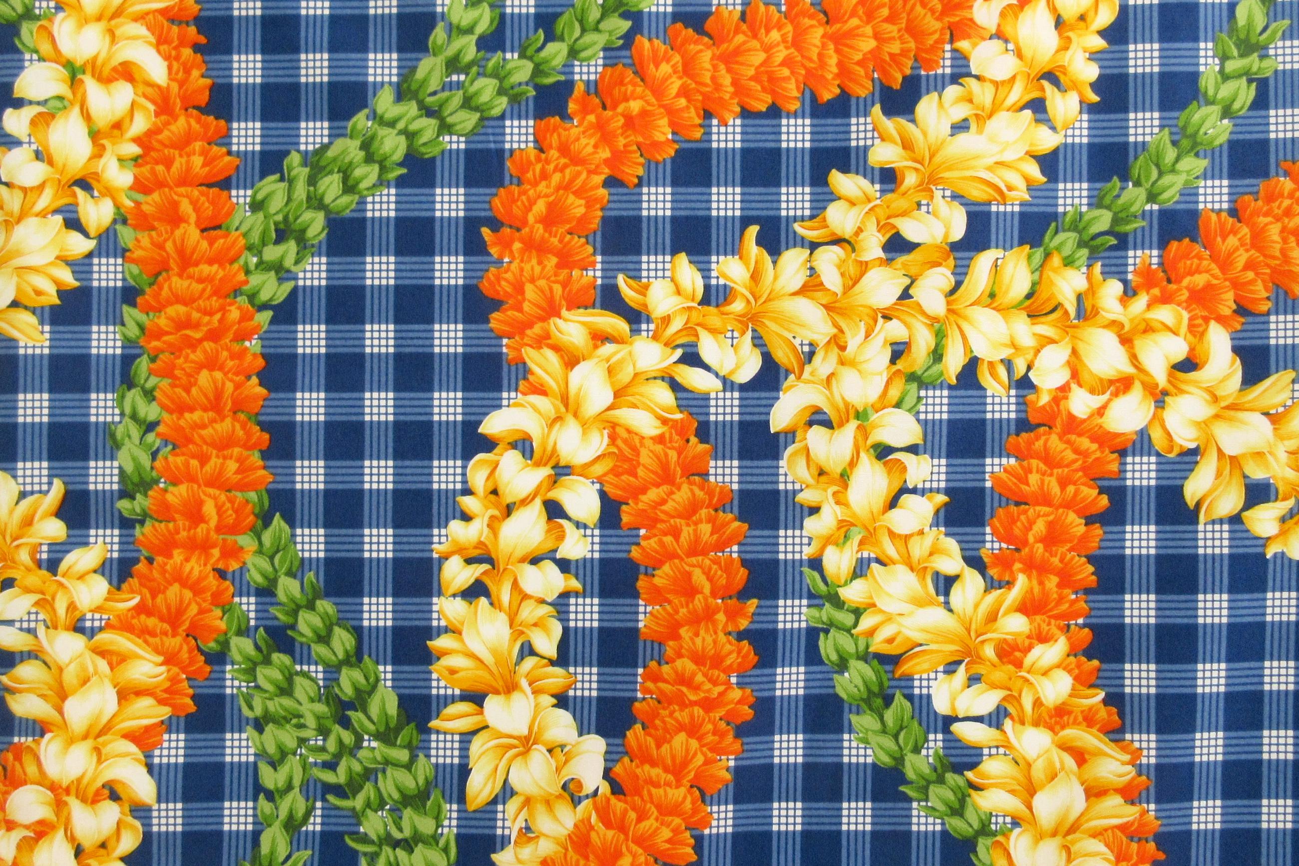 Hawaii Fabric, Island Palaka Leis on Royal Blue, by the Half or