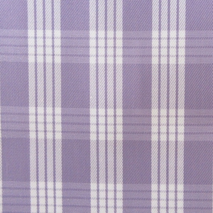 May include: Close-up of a fabric with a plaid pattern. The fabric features a light purple background with a grid of white vertical and horizontal lines. The lines create a classic plaid design, suitable for various textile applications.
