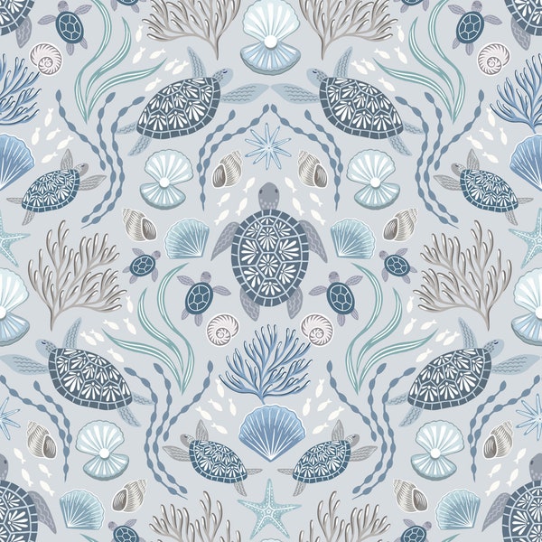 Sea Turtle Fabric, Sea Turtle Family on Light Mist with Pearl, Ocean Pearls by Lewis and Irene, By the Half or Full Yard