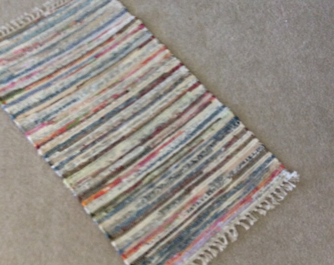 Unique Rag Rug, Chindi Scandinavian Style Cotton Scrap Rug Hand Painted