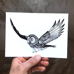 Latająca Sowa - 5x7 Wydruk Sowy - Rysunek Sowy