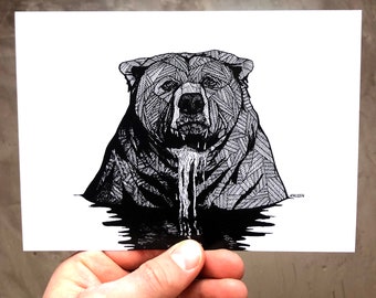 Waterbeer - berenkunst - berenafdrukken - berentekeningen - kunstafdrukken - zeer fijne tekeningen - dierenkunst - 5 x 7 berenprint - muurkunst