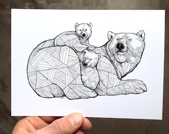 Snow Cuddles - Polar Bears - Polar Bear Art - Art Prints - Polar Bears - Polar Bear Family - Wall Art - Geometric Bears - Nursery Room Art