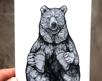 Bear Art - Bear Drawing - Bear Prints - Geometric Bears - Russian Nesting Bear - 5x7 Bear Print - Black and White Artwork Wall Art