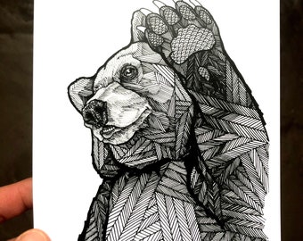 Bear High Five! - Berenkunst - Berentekeningen - Berenafdrukken - Kunstafdrukken - Geometrische beren - 5 x 7 berenafdruk - Dierenkunst - Muurkunst