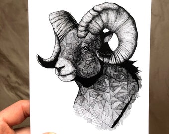 The Ram - Big Horned Sheep Print - Ram Wall Art - Sheep Print - Aries Art - Geometric Art - Black and White Art - Wall Art