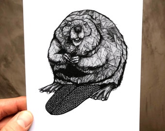 Beaver Print - Beaver Art - Beaver Drawings - Chew On This - 5x7 Beaver Print - Geometric Art - Black and White Art - Wall Art