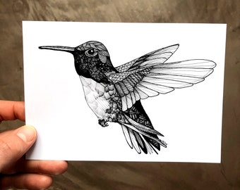 Flying Hummingbird Print - Hummingbird Drawing - Hummingbird Art - Art Prints - 5x7 Prints - Bird Artwork - Black and White Art - Wall Art