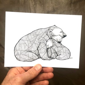 Polar Bear Cuddles - Polar Bear Family - Babies - Polar Bear Drawings - Bear Art - 5x7 Polar Bear Print - Nursery Room Art - Wall Art