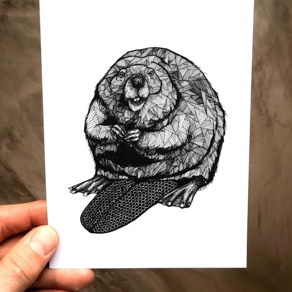 Beaver Print - Beaver Art - Beaver Drawings - Chew On This - 5x7 Beaver Print - Geometric Art - Black and White Art - Wall Art