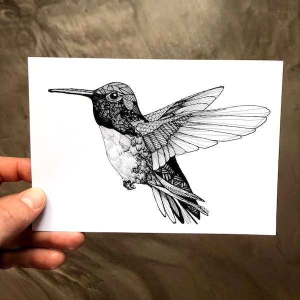 Flying Hummingbird Print - Hummingbird Drawing - Hummingbird Art - Art Prints - 5x7 Prints - Bird Artwork - Black and White Art - Wall Art