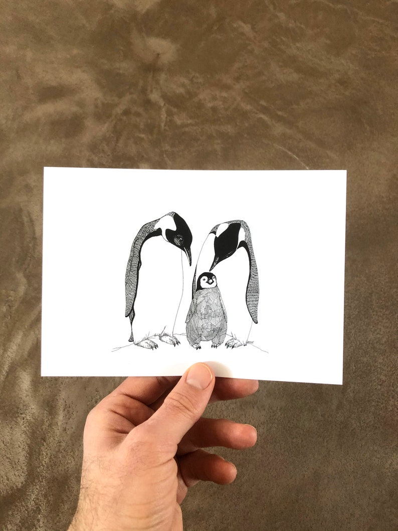 Penguin Family 5x7 Penguin Print Penguin Drawing Penguin Art Baby Penguin Nursery Room Art Wall Art image 2