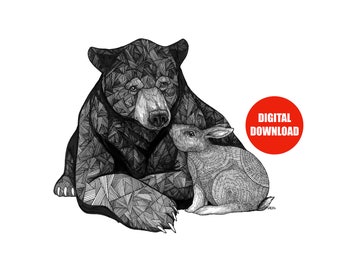 Digital Download - Bear and Bunny - Downloadable Art Prints - Digital Prints - Animal Art - Bear Prints - Bunny Prints - Nursery Prints