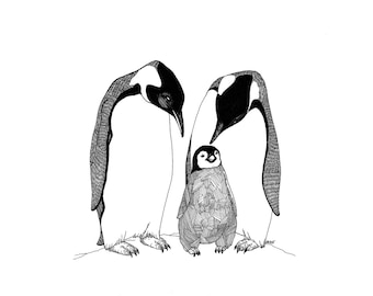 Penguin Family - 5x7 Penguin Print - Penguin Drawing - Penguin Art - Baby Penguin - Nursery Room Art - Wall Art