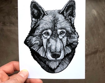 Wolf Art - Wolf Like Me - Wolf Prints - Wolf Drawings - Wolves - 5x7 Wolf Print - Line Art - Animal Art - Wall Art