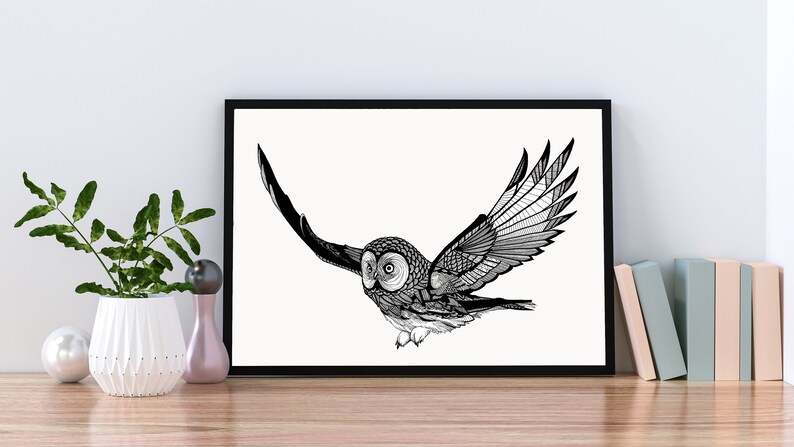 Flying Owl Print  Owl Drawings  Owl Prints  Owl Art  Art image 1