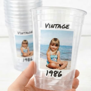 Custom Photo Cups 16oz | Personalized Plastic Party Cups with Text & Picture | Face Cups Birthday Favors | Vintage Year Est Cups Decorations