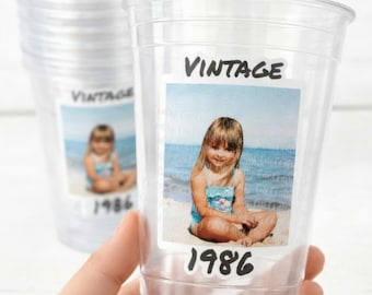Custom Photo Cups 16oz | Personalized Plastic Party Cups with Text & Picture | Face Cups Birthday Favors | Vintage Year Est Cups Decorations