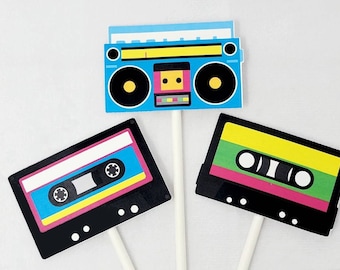 80's Cupcake Toppers, Neon 80's Cupcake Toppers, Cassette Tape Cupcake Toppers, Boom Box Cupcake Toppers, 90's Party Decorations 812171128PM