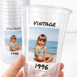 Custom Photo Cups 16oz | Personalized Plastic Party Cups with Text & Picture | Face Cups Birthday Favors | Vintage Year Est Cups Decorations