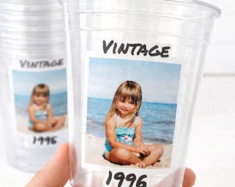 Custom Photo Cups 16oz | Personalized Plastic Party Cups with Text & Picture | Face Cups Birthday Favors | Vintage Year Est Cups Decorations