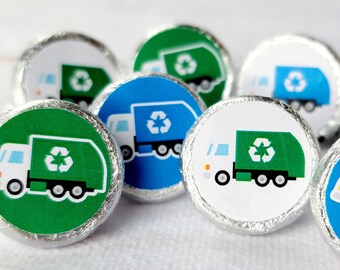 180 - Garbage Truck Stickers Recycle Truck Stickers Garbage Truck Favor Stickers Candy Wrapper Trash Day Chocolate Candy Favor Stickers