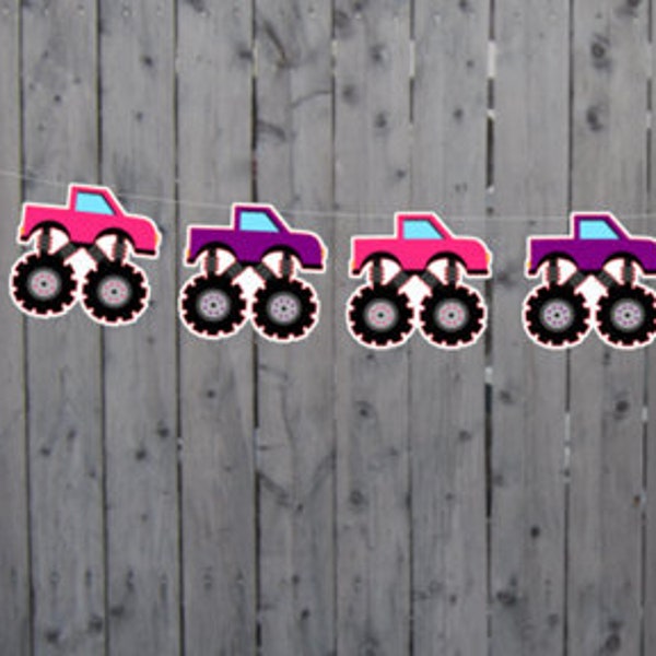 Monster Truck Garland, Monster Truck Banner, Monster Truck Party Banner, Monster Truck Party Decorations, Monster Truck Party Sign, Pink