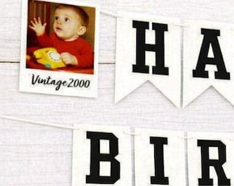 Custom Photo Birthday Banner, Personalized Banner, Vintage Birthday Decor, Happy Birthday Banner with Picture,Milestone Party Decor
