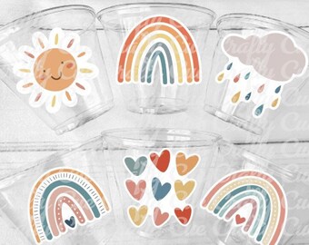 BOHO RAINBOW PARTY tasses - tasses bohèmes arc-en-ciel, décorations de nuages, soleil, cadeaux d'anniversaire arc-en-ciel, baby shower bohème arc-en-ciel