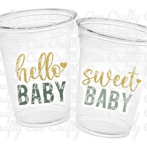 GREEN AND GOLD Baby Shower Cups Hello Baby Sweet Baby Shower Favor Green Gold Gender Neutral Baby Shower Favors Green Baby Shower Favor Cups