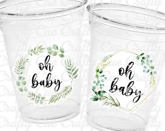 Copos para Chá de Bebê com Tema Verde, Lembrancinhas para Chá de Bebê "Oh Baby", Folhagem de Jardim, Folhas Verdes da Floresta, Decorações Orgânicas para Chá de Bebê, Chá de Bebê em Tons Neutros