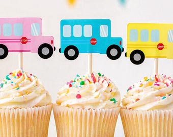 School Bus Cupcake Toppers, Pink School Bus, Blue School Bus, Cake Toppers, Bus Birthday Party Decorations, Bus Party Supplies, School Party