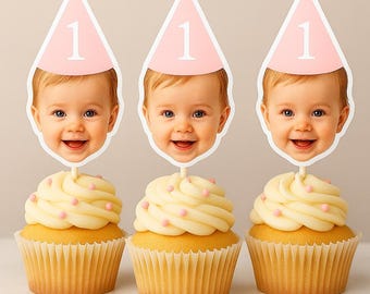Custom Baby Face Cupcake Toppers | Personalized First Birthday Party Decorations | Hat 1st Birthday Cupcake Picks, Face on a stick Picks