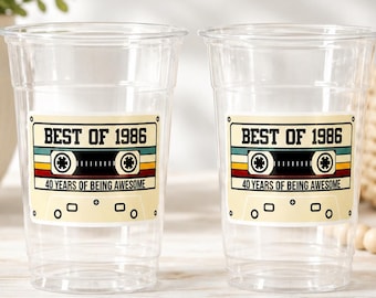 Vasos desechables para fiesta de 40 cumpleaños, fiesta de cassette para 40 cumpleaños, lo mejor del cumpleaños de 1985, fiesta de 40 cumpleaños vintage en color bronceado.