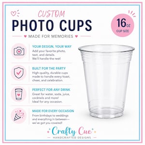 May include: Clear plastic 16 oz photo cups with the text "CUSTOM PHOTO CUPS" and "MADE FOR MEMORIES". The design includes icons and text describing customization options, party use, and suitability for various drinks. The cups are from Crafty Cue Handcrafted Designs.