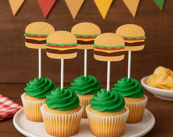 Hamburger Cupcake Toppers, Barbecue Cupcake, Fast Food Cupcake Toppers, Cook Out Cupcake Toppers, Cheeseburger cupcake toppers, Burger Party