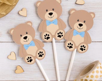 Teddy Bear Cupcake Toppers, Teddy Bear Baby Shower Decorations, Boy Baby Shower Party Supplies, Teddy Bear Cake Toppers, Teddy Bear Picks
