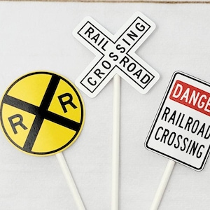 Railroad Sign Cupcake Toppers, Train Cupcake Toppers, Train Birthday Party Cupcake Toppers