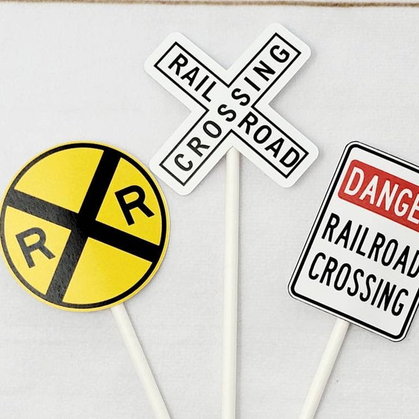 Railroad Sign Cupcake Toppers, Train Cupcake Toppers, Train Birthday Party Cupcake Toppers