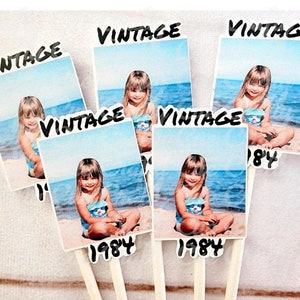 Custom Birthday Cupcake Toppers, Personalized Birthday Cupcake Toppers, Vintage 30th 40th, 50th, Birthday Decorations, Photo Cupcake Toppers