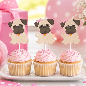 Adornos para cupcakes de carlino, adornos para cupcakes de fiesta de cachorros - Adornos para cupcakes de carlino para niña Adornos para cupcakes de fiesta de cachorros - Adornos para cupcakes de carlino Cumpleaños de carlino imagen 2