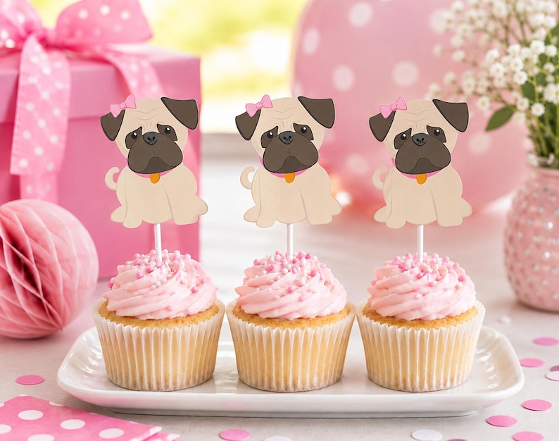 Adornos para cupcakes de carlino, adornos para cupcakes de fiesta de cachorros - Adornos para cupcakes de carlino para niña Adornos para cupcakes de fiesta de cachorros - Adornos para cupcakes de carlino Cumpleaños de carlino imagen 2