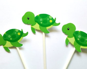 Turtle Cupcake Toppers - Turtle Birthday - Turtle Baby Shower - Under The Sea Cupcake Toppers - Boy Turtle
