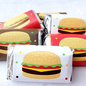 30 - Hamburger Party Stickers Hamburger Birthday Stickers Hamburger Party Favors Hamburger Birthday Candy Wrapper Hamburger Fast Food Party