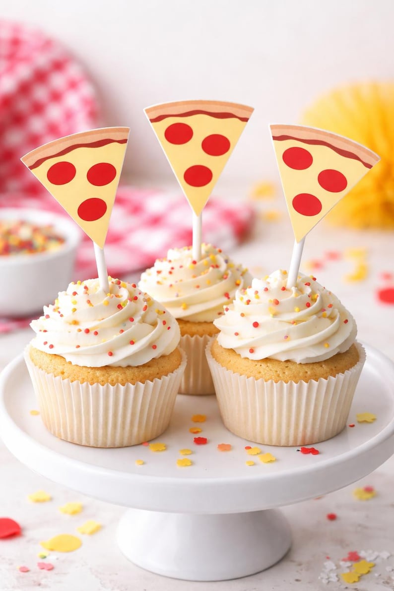 Adornos para cupcakes de pizza, adornos para cupcakes de fiesta de pizza, adornos para cupcakes de comida rápida, decoraciones para fiestas de cumpleaños de pizza, suministros para fiestas de pizza, pizza imagen 2