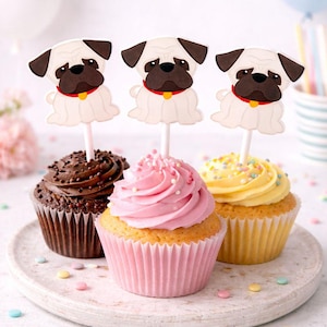 Puppy Party Cupcake Toppers - Pug Cupcake Toppers Pug Birthday Party Pug Party Decorations Puppy Party Cupcake Toppers Dog Birthday Party image 2