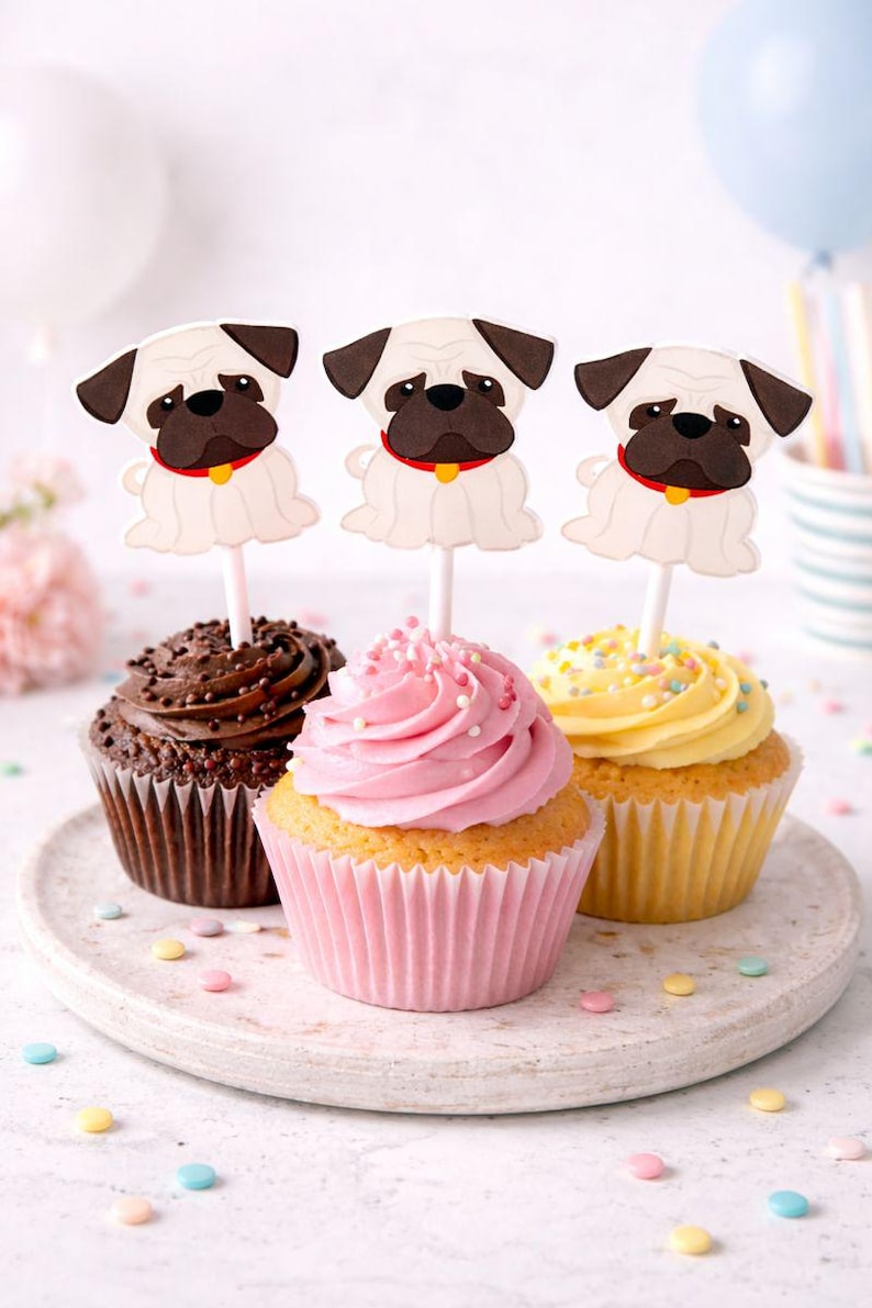 Puppy Party Cupcake Toppers - Pug Cupcake Toppers Pug Birthday Party Pug Party Decorations Puppy Party Cupcake Toppers Dog Birthday Party image 2