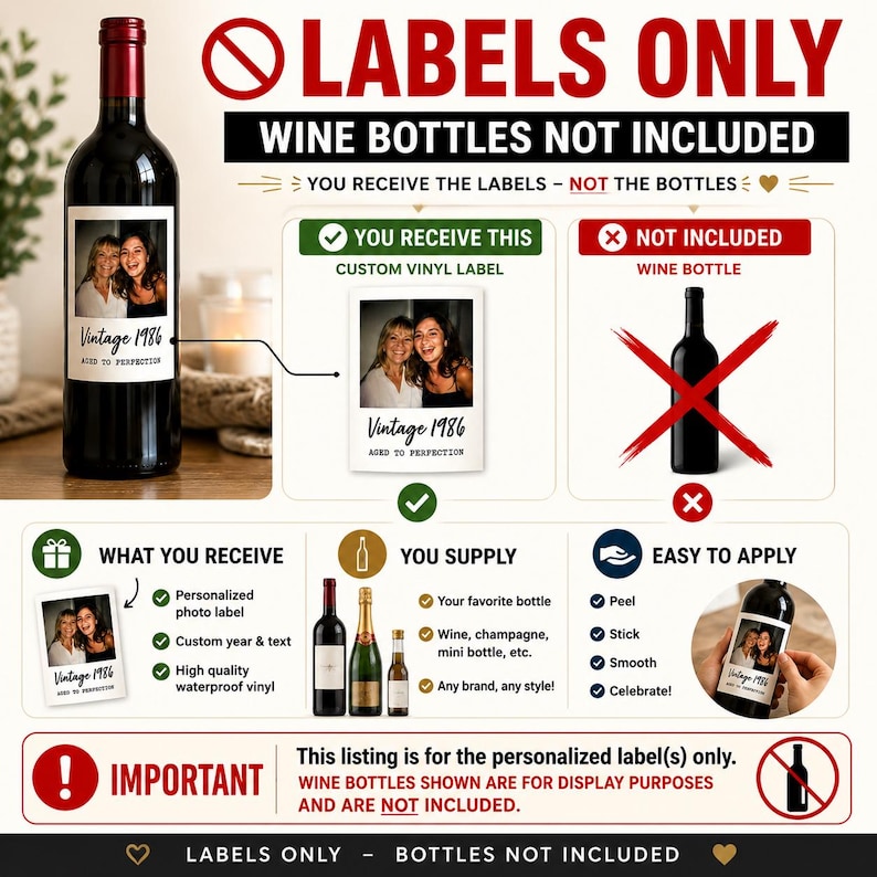 May include: A custom vinyl wine bottle label featuring a rectangular photo frame with the text Vintage 1986 AGED TO PERFECTION. The graphic includes instructional text explaining that only the adhesive label is provided, not the wine bottle.