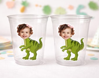 Vasos de plástico para fiesta con cara de dinosaurio personalizados, vasos de fiesta de dinosaurio personalizados, vaso de cumpleaños infantil con cara de dinosaurio personalizado, vasos de fiesta con cara de dinosaurio, decoración